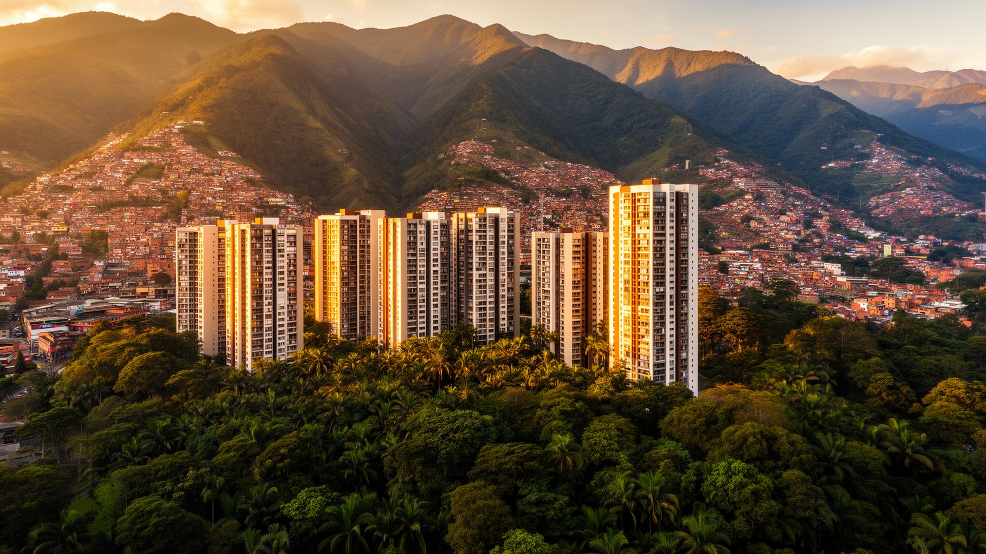 Aerial view of Medellín's red-brick neighborhoods cascading down the Aburrá valley at sunset