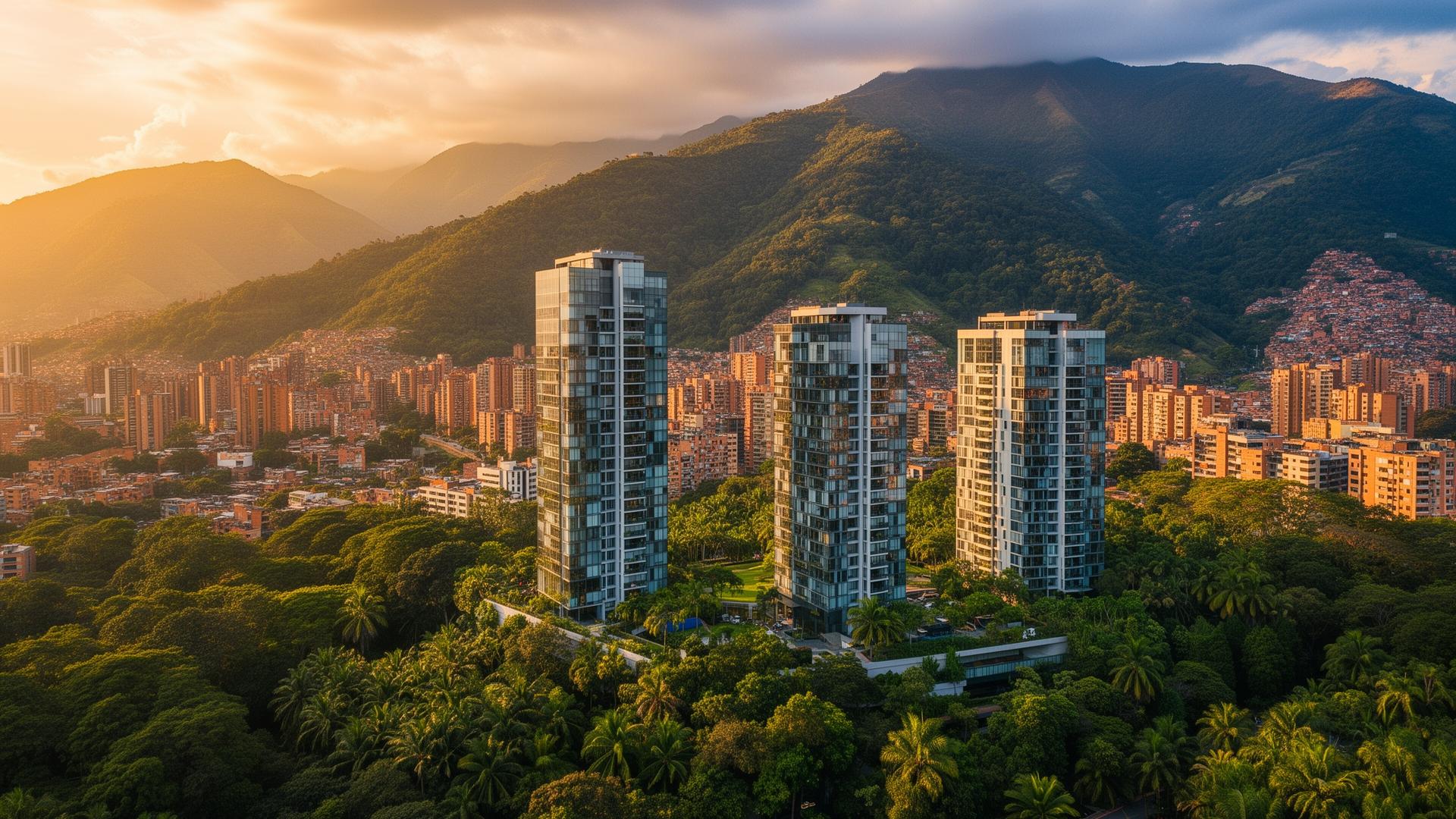 Aerial view of Medellín's red-brick neighborhoods cascading down the Aburrá valley at sunset